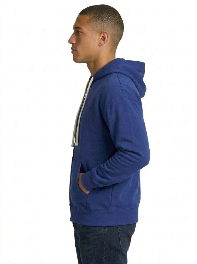 A blue men's brushed heavy zip fleece hoodie featuring a front pocket and a hood, worn by a man.