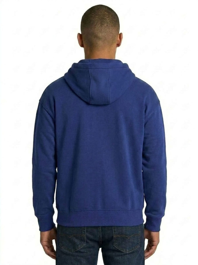 A blue men's brushed heavy zip fleece hoodie with a hood, featuring a back view.