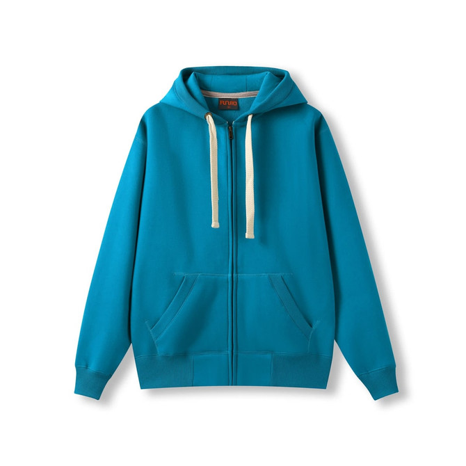 A blue men's brushed heavy zip fleece hoodie with a front pocket and a contrasting hood drawstring.