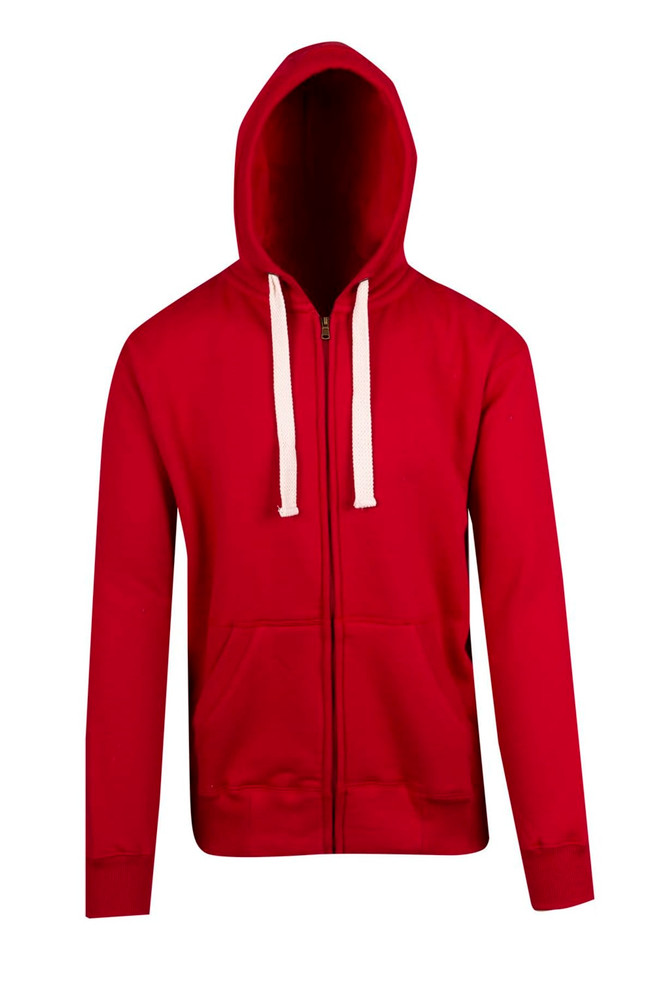 A red brushed heavy zip fleece hoodie with a hood and front pockets, featuring a logo.