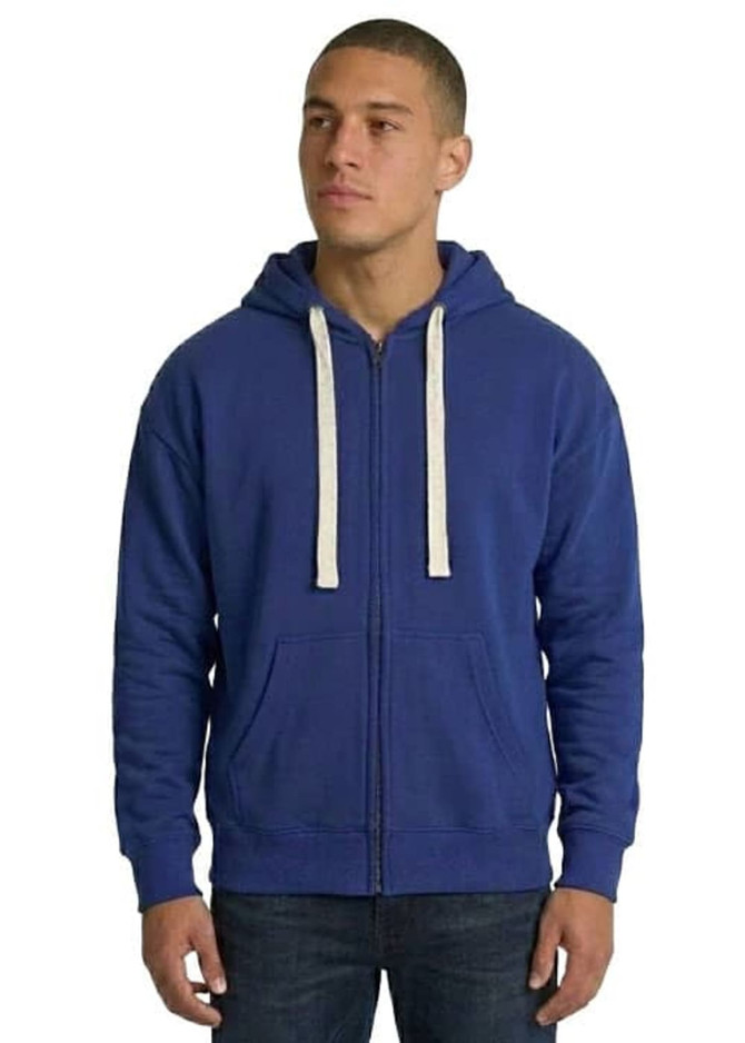 A man wearing a black brushed heavy zip fleece hoodie with a white drawstring and pockets.
