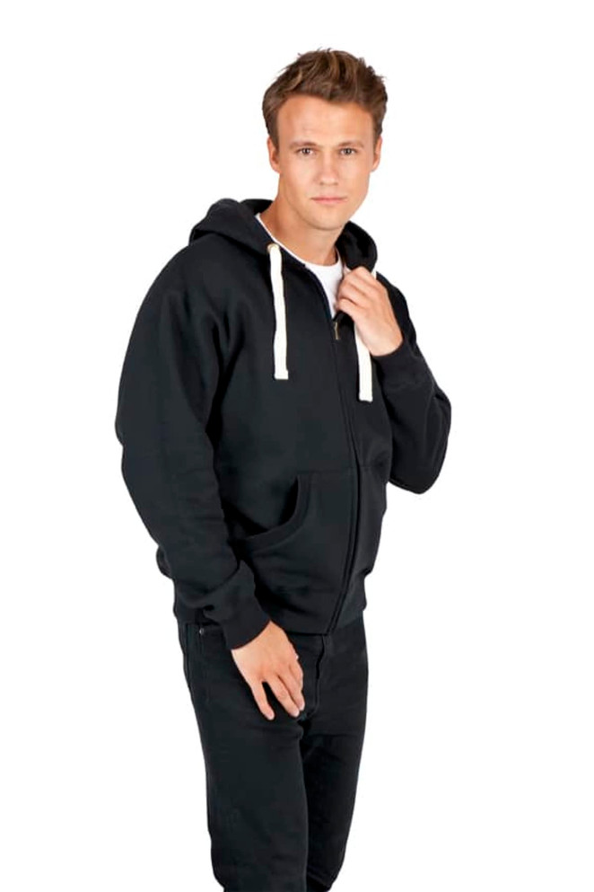 A black brushed heavy zip fleece hoodie with a front pocket and drawstring hood, worn by a model.