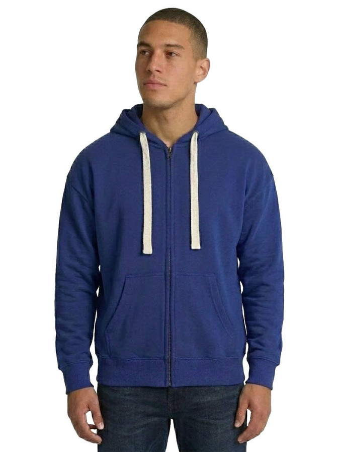 A navy blue and maroon zip fleece hoodie displayed on models, featuring a logo and string detailing.