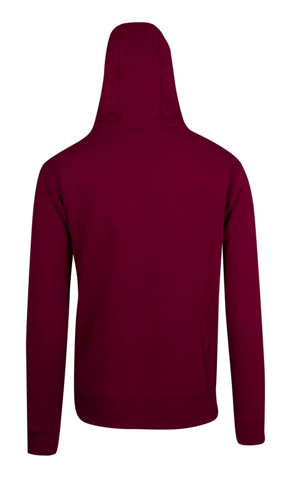 A maroon men's brushed heavy zip fleece hoodie with a fitted design and a hood. Features a branding logo.