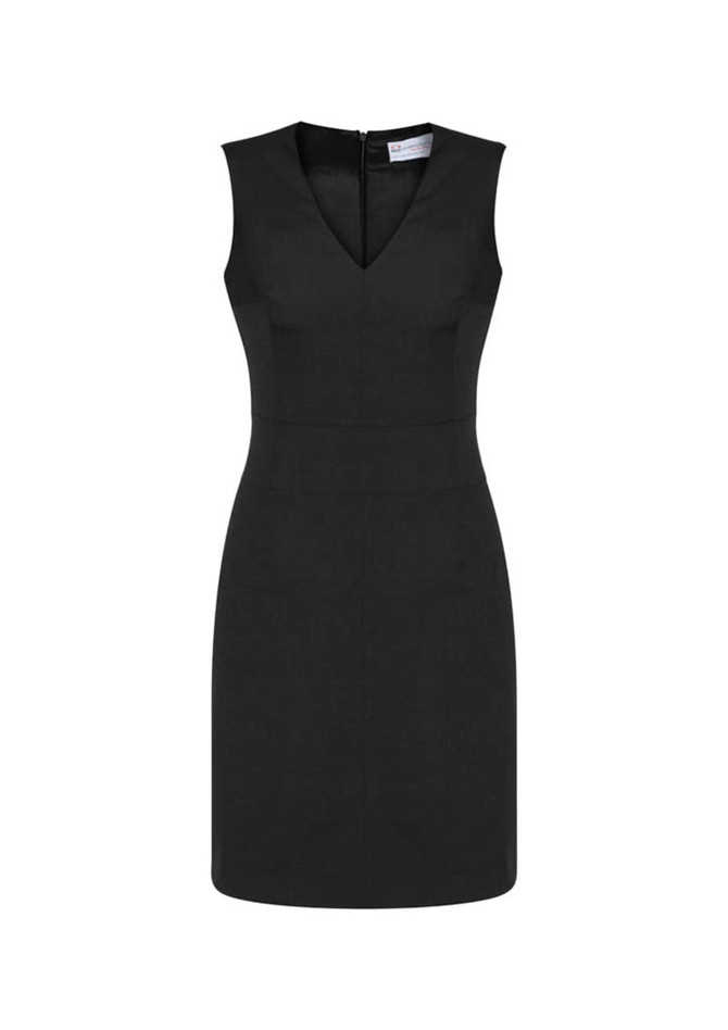 A sleeveless, V-neck dress in black with a fitted silhouette and a zipper at the back.
