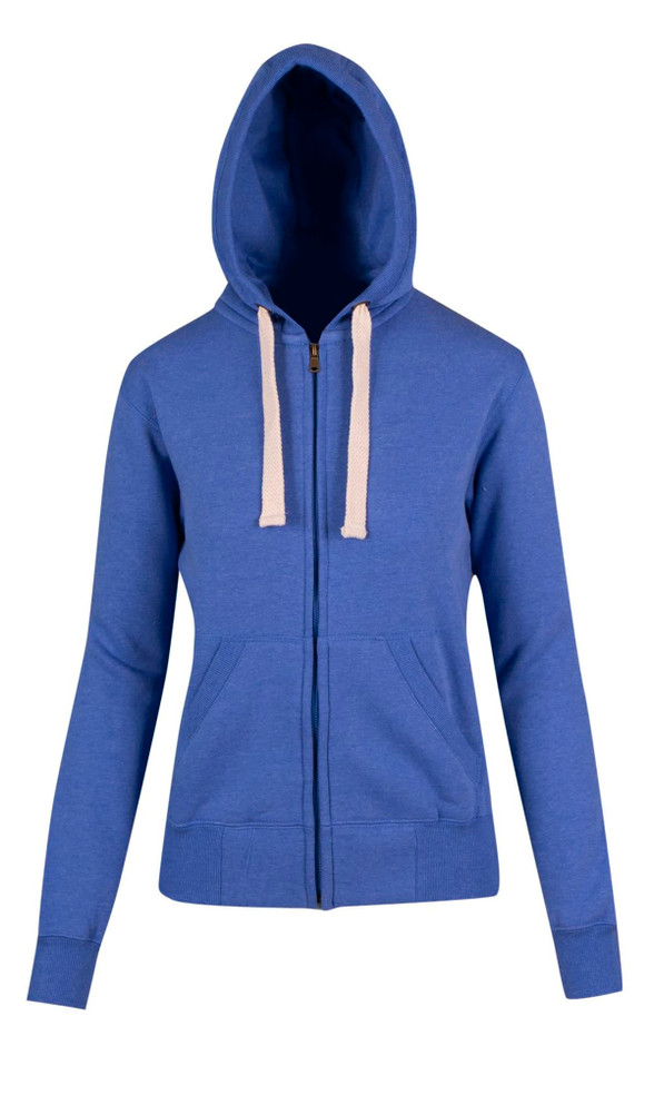 A blue women's junior heavy zip fleece hoodie with a hood, featuring two front pockets and a branding logo.