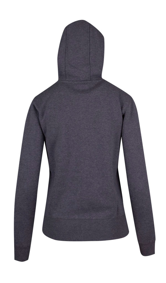 A heavy fleece hoodie in dark grey with a fitted design and a hood, featuring a logo.