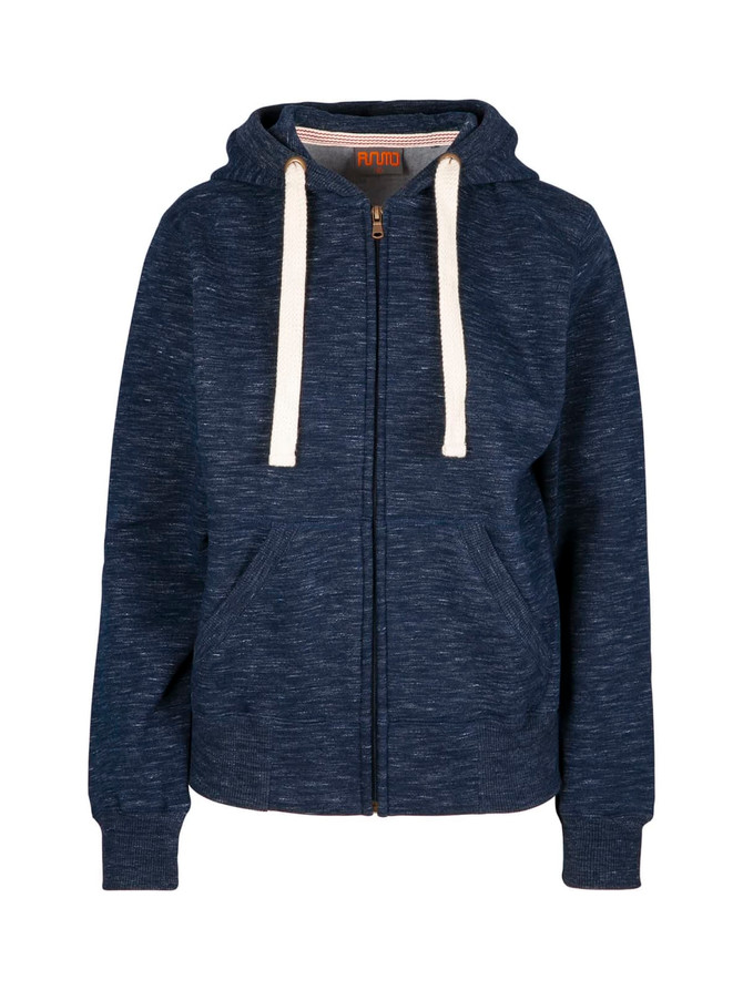 A navy heavy zip fleece hoodie with a hood and cream drawstrings, featuring front pockets and a branded label.