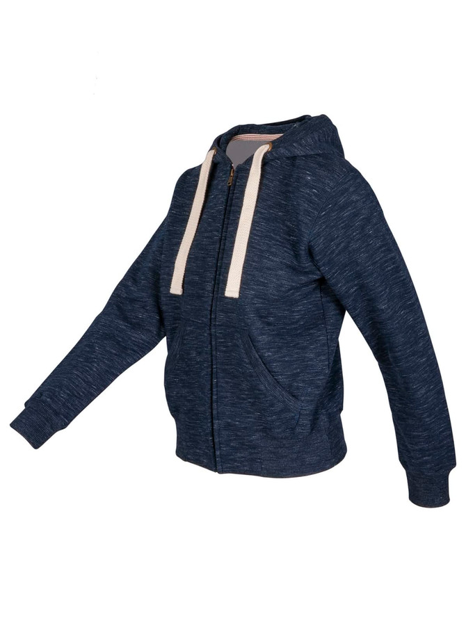 A dark navy fleece hoodie with a zip front, cream drawstrings, and a logo on the chest.