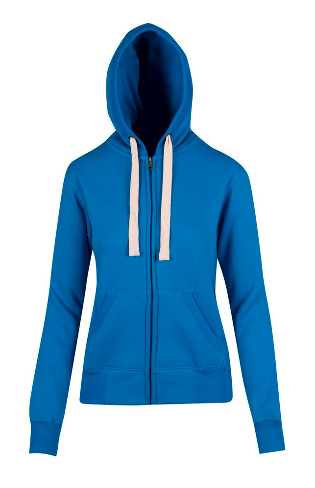 A blue women's junior heavy zip fleece hoodie with a hood and two front pockets. It features a logo on the garment.