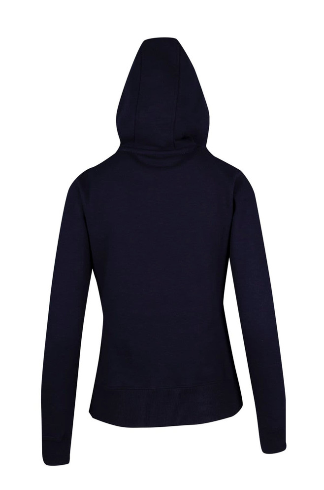 A navy women's juniors heavy fleece hoodie featuring a hood and fitted design at the back. It has a logo.