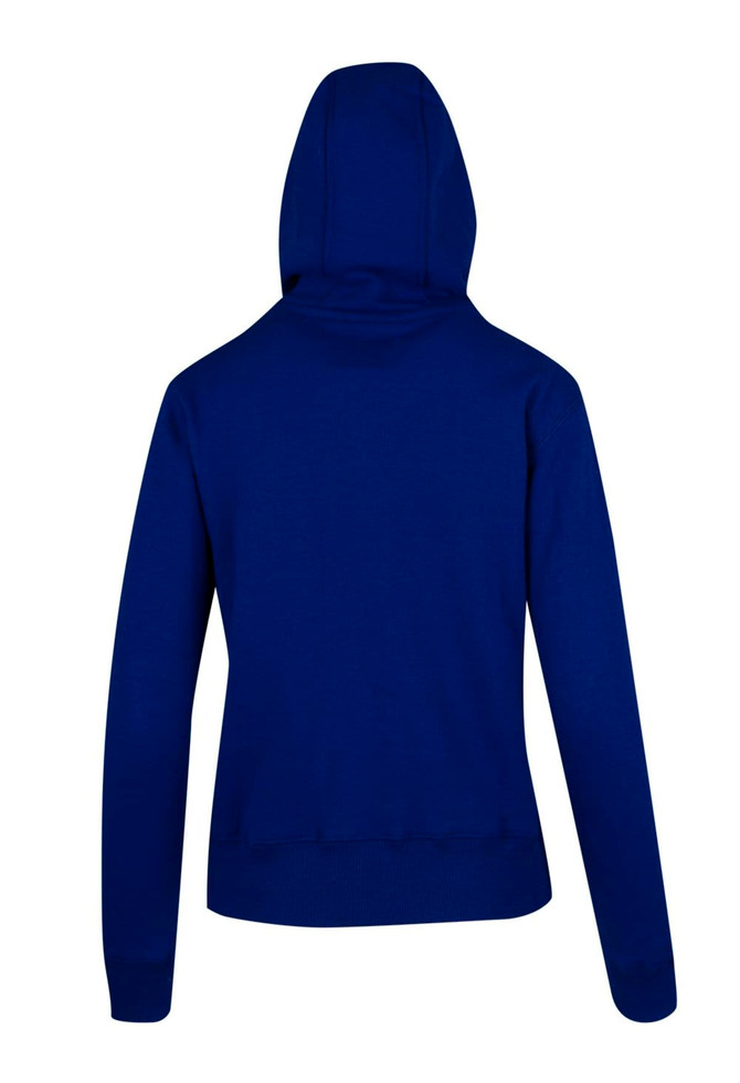 A blue women's juniors heavy fleece hoodie with a fitted design and a hood at the back.