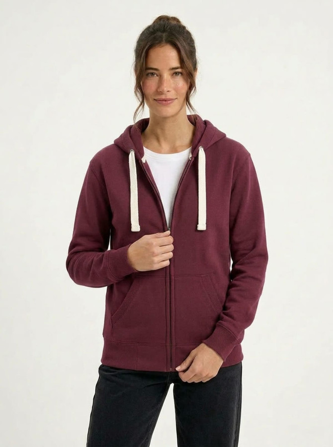 A blue women's heavy zip fleece hoodie and a black men's hoodie, both featuring drawstrings and a logo.