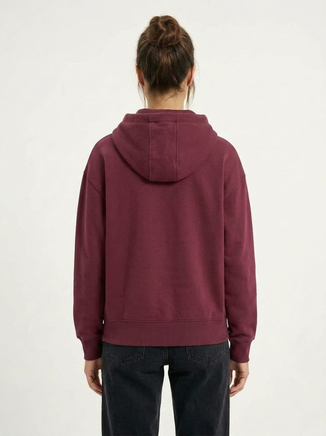 A blue women's/junior heavy zip fleece hoodie with a hood, viewed from the back.