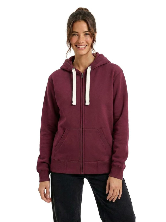 A navy blue and burgundy heavy zip fleece hoodie, displayed by two models. The hoodies have drawstrings and pockets.