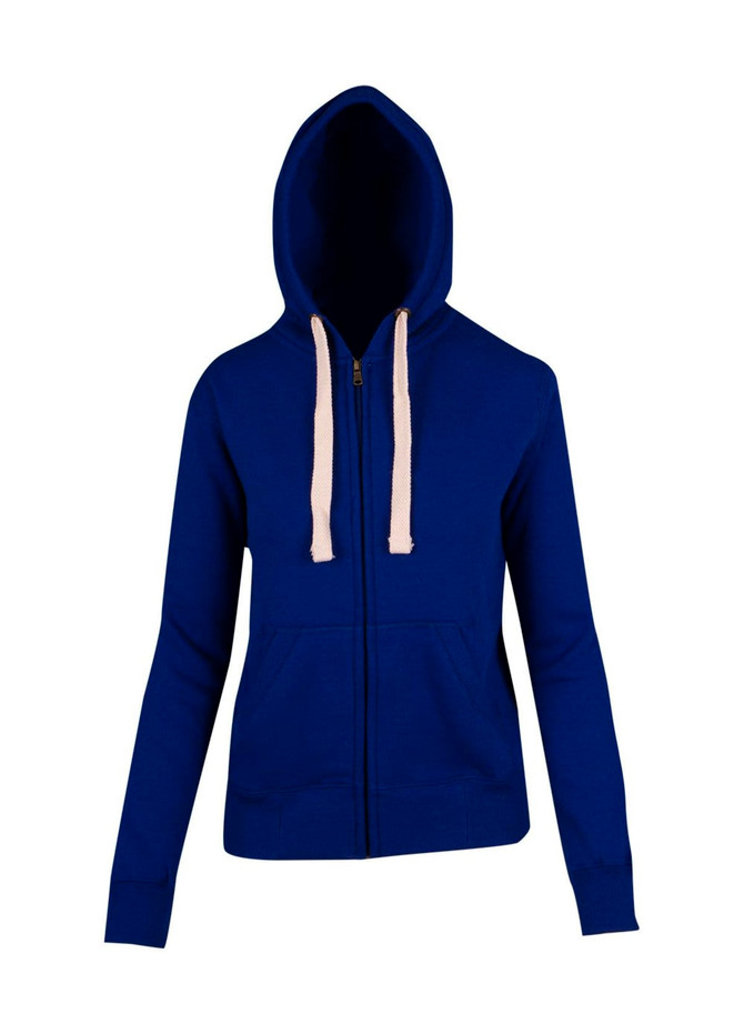 A blue women's heavy zip fleece hoodie with a hood and cream-coloured drawstrings. Features a logo on the front.