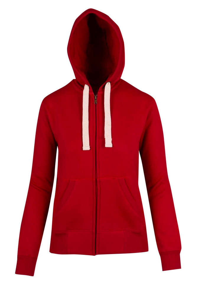A red women's junior heavy zip fleece hoodie featuring a drawstring hood and ribbed cuffs, with a logo present.
