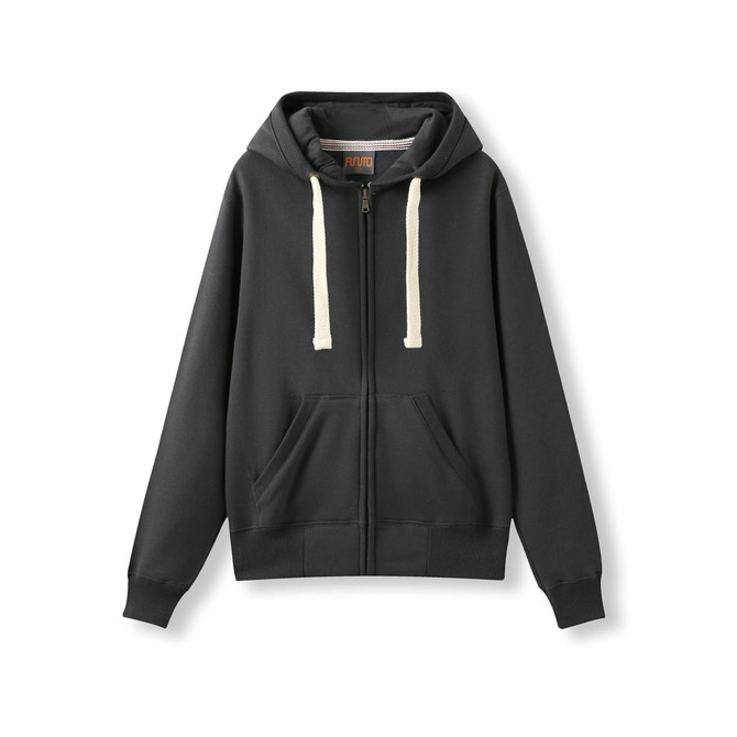 A black heavy zip fleece hoodie with a hood and cream drawstrings, featuring front pockets and a brand logo.