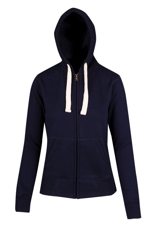 A navy heavy zip fleece hoodie with a hood, front pockets, and contrasting drawstrings.