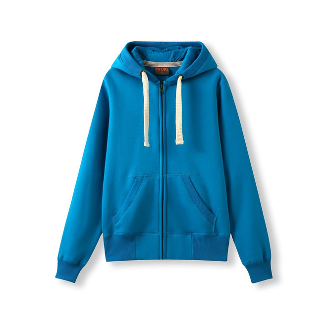 A blue women's heavy zip fleece hoodie with a hood and two front pockets. It has a logo on it.
