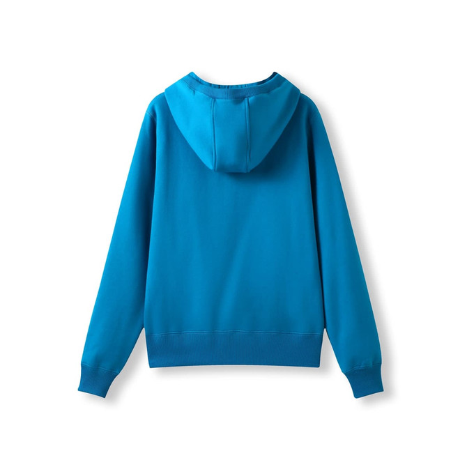 A back view of a women's heavy zip fleece hoodie in bright blue, featuring a hood and ribbed cuffs.
