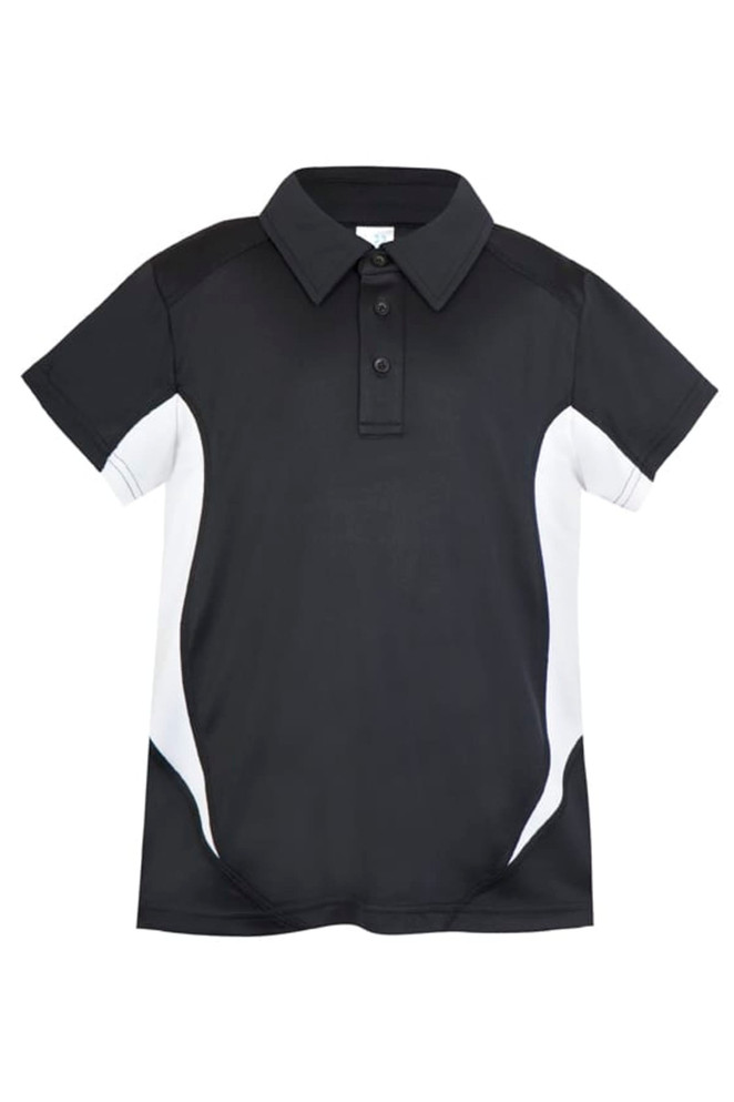 A black and white polyester polo shirt featuring a modern design and a logo on the chest area.