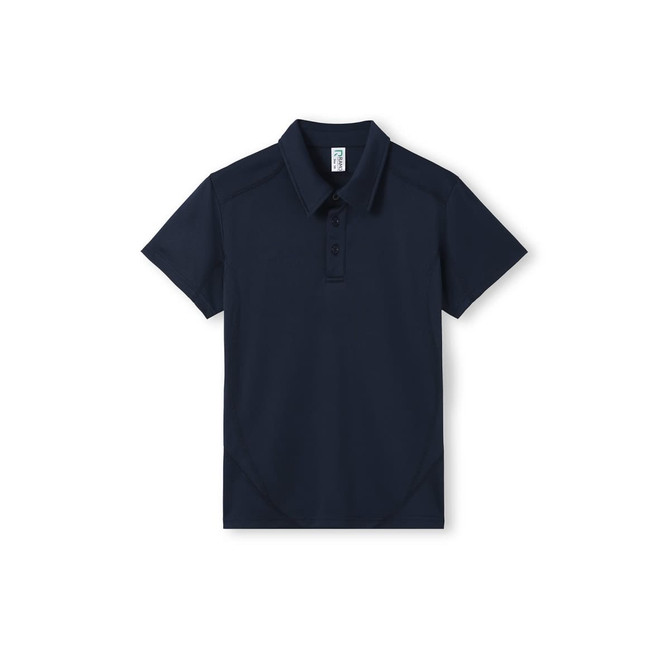 A navy blue children's polo shirt with a collar, featuring a button placket and a logo.