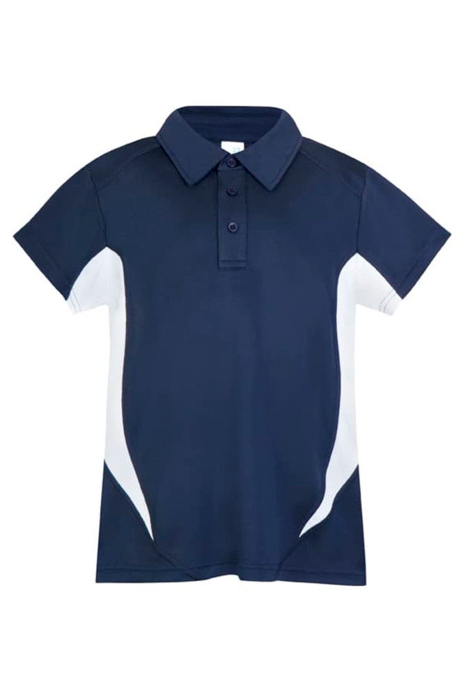 A navy blue polo shirt with white accents, featuring a collar and buttons, and a logo on the chest.