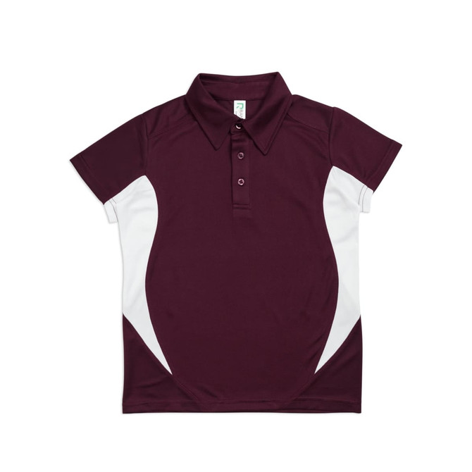 A maroon polyester polo shirt with white accents and a collar, featuring buttons and a branding logo.