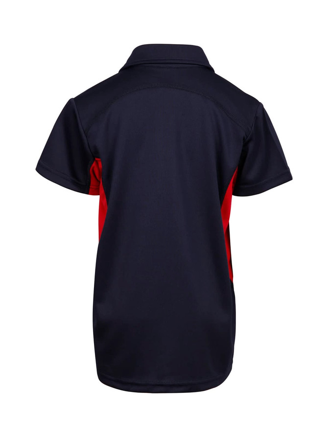 A navy blue and red polyester polo shirt with a collar and short sleeves, featuring a logo.