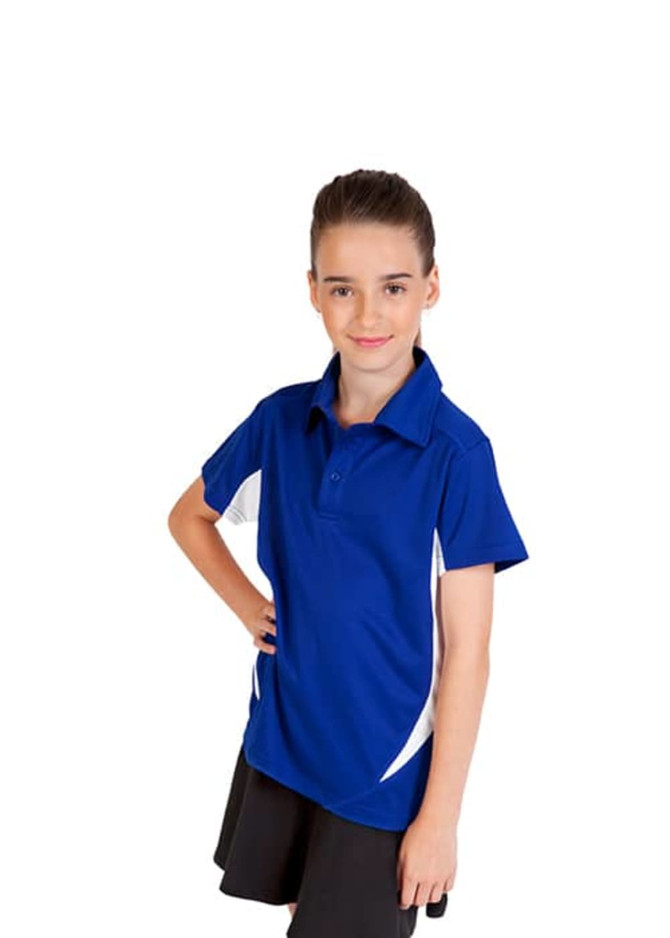 A blue polyester polo shirt with white accents, featuring a logo, is worn by a young girl.