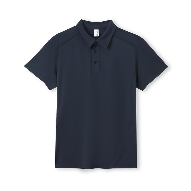 A navy polyester polo shirt with a collared neckline and a subtle logo.