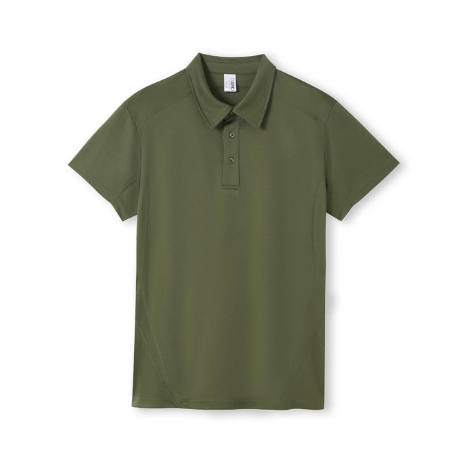 A green polyester polo shirt with a classic collar and three-button placket, featuring branding.