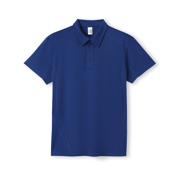 A blue polyester polo shirt with a collar, short sleeves, and a logo present.