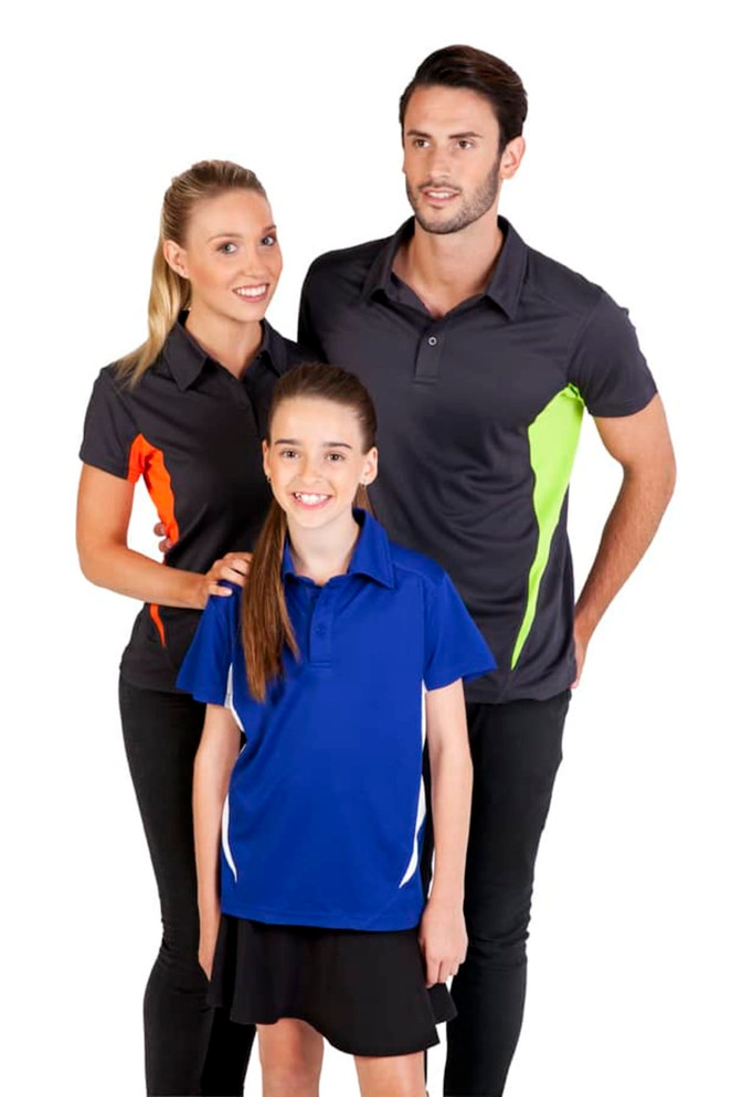 A man and woman wearing dark polo shirts with vibrant accents, alongside a girl in a blue polo shirt. All have a logo.