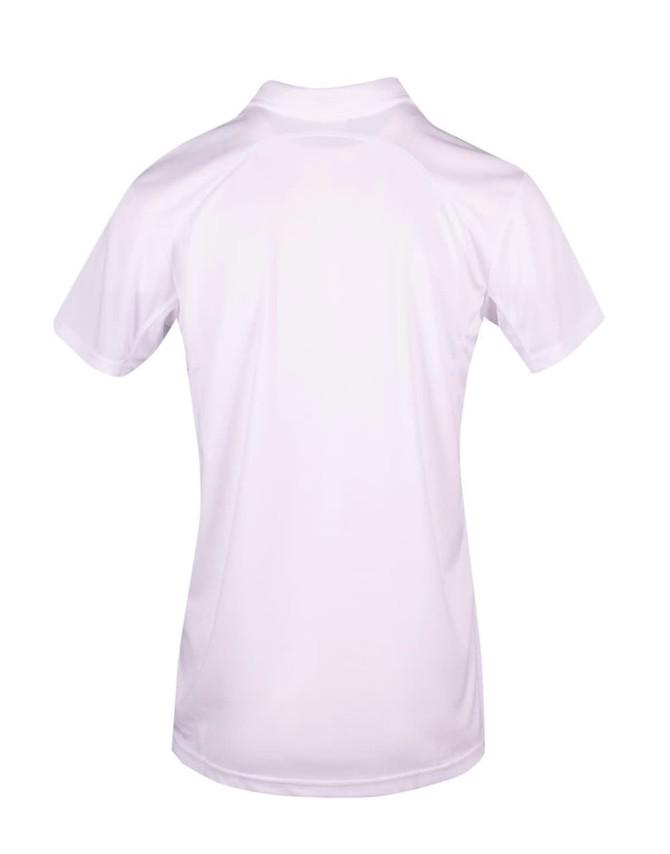 A white polyester polo shirt featuring short sleeves and a back view, including a logo.