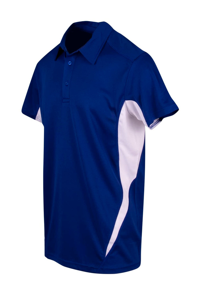 A blue and white polyester polo shirt with a logo on the chest and a classic collar.