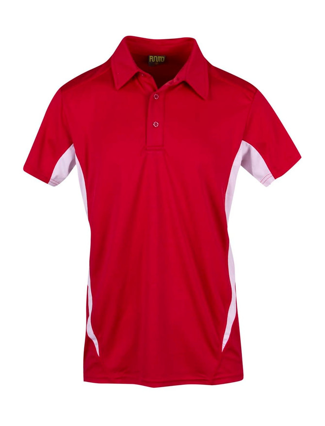 A red polyester polo shirt featuring white side panels and a collared neckline. It has a logo on the front.