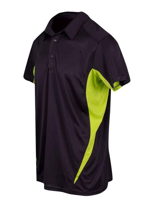 A black polo shirt with lime green accents, featuring a collar and three-button placket. It has a logo.