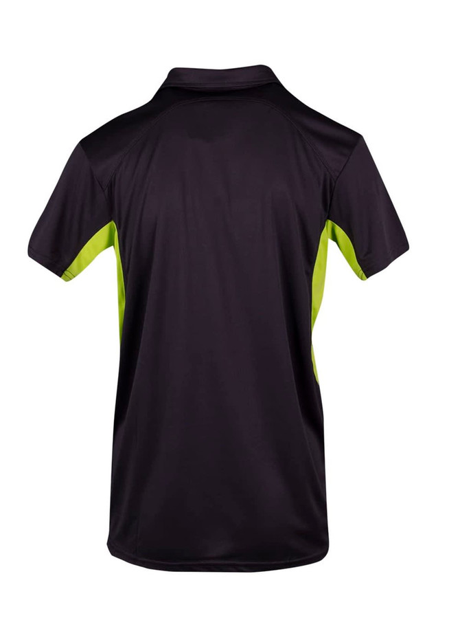 A black polo shirt with vibrant lime green accents on the sides, featuring a logo on the back.
