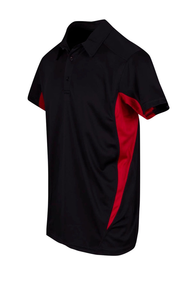A black and red polyester polo shirt with a collar and short sleeves. It features a logo on the chest.
