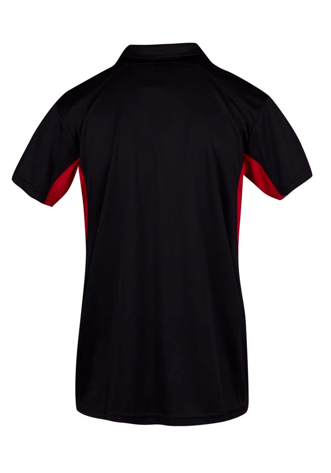 A black polo shirt with red side panels and a logo on the back.