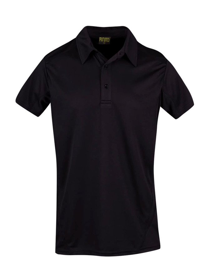 A black polyester polo shirt with a collar and three buttons, featuring a logo on the label.