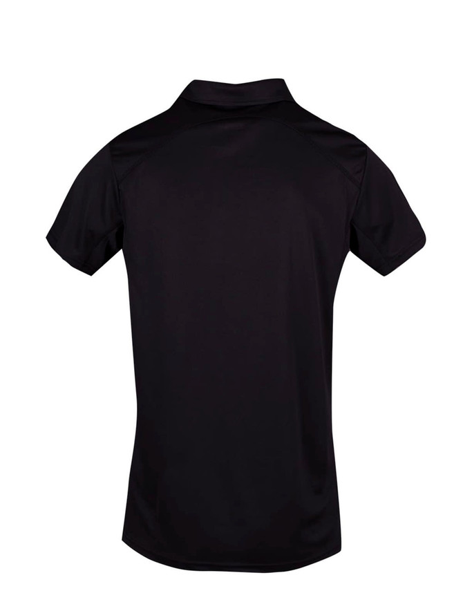 A black men's polyester polo shirt featuring a short sleeve design and a collar, with a logo on the back.
