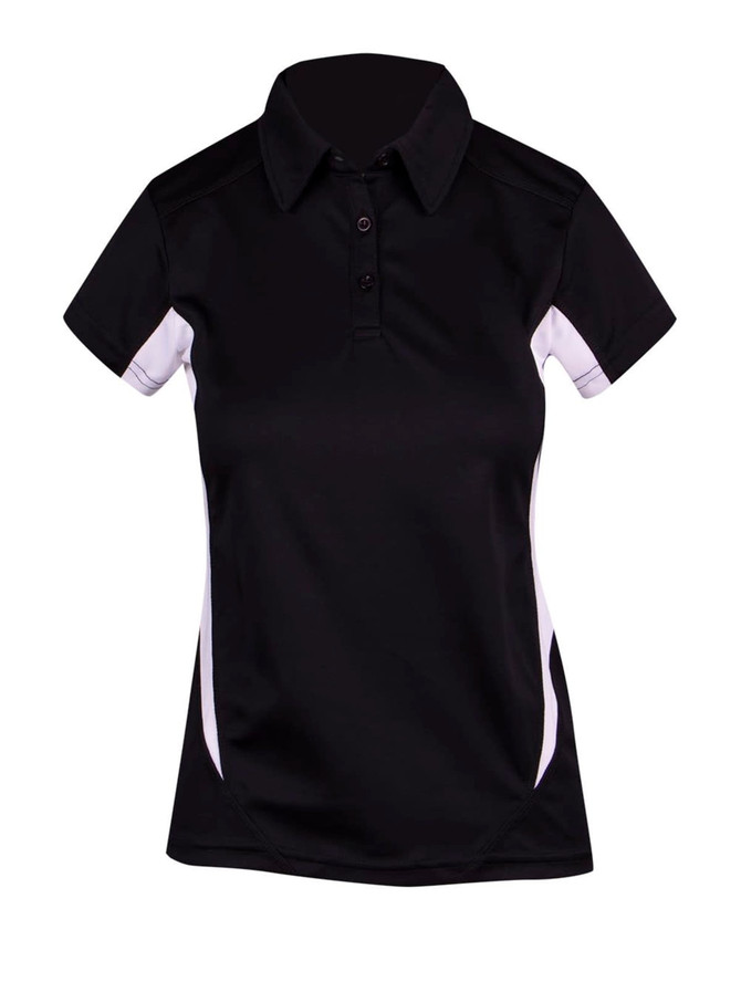 A women's polo shirt in black with white accents, featuring a collar and short sleeves, includes a logo.