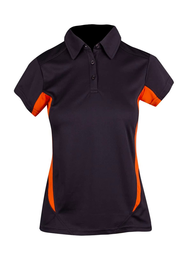 A women's polo shirt in black with orange accents, featuring a collar and short sleeves. It has a logo.