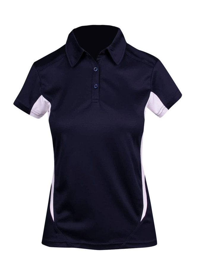 A navy blue women's polyester polo shirt featuring white accents and a collar, with a logo on the chest.