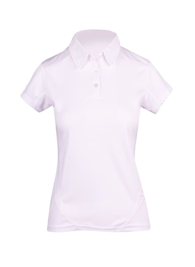 A white women's polyester polo shirt with a collar and short sleeves, featuring a logo on the chest.