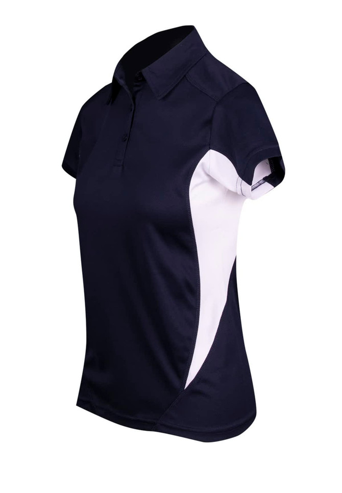 A women's polo shirt featuring a navy body with white side panels and a collar. Includes a logo on the fabric.