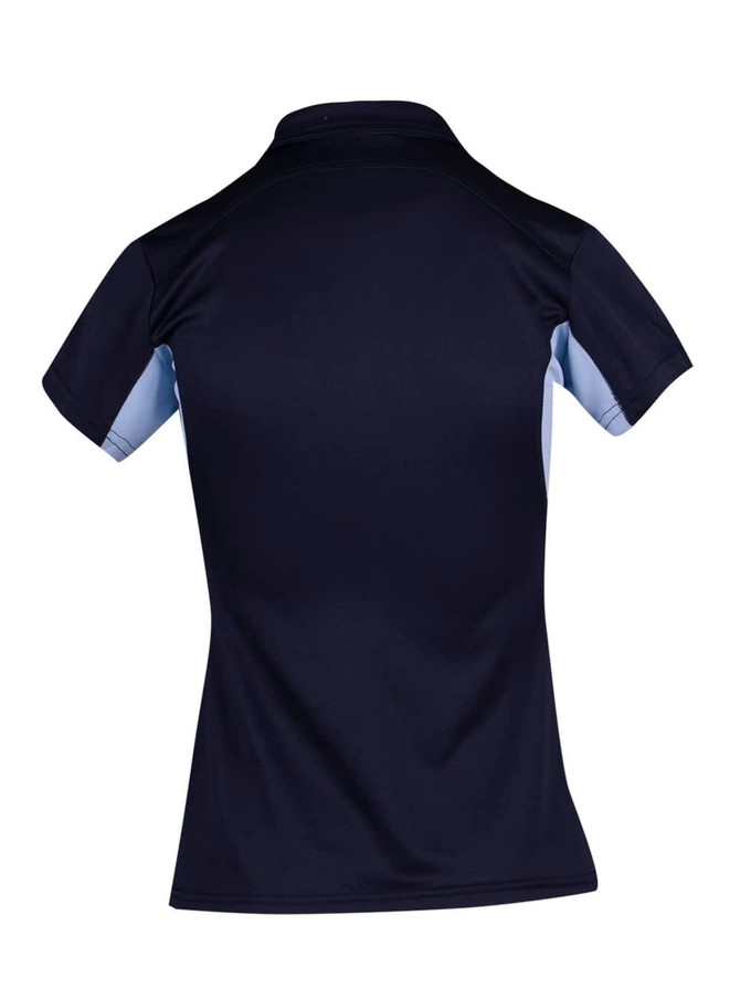 A navy polyester polo shirt featuring short sleeves and a contrasting light blue panel, with a logo present.